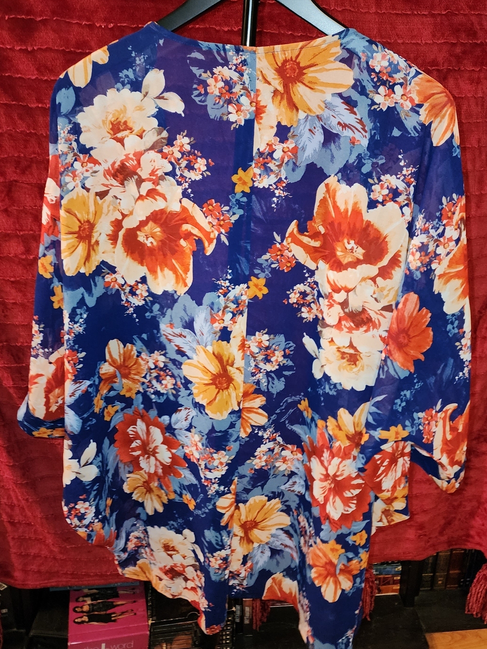 Floral Open-Front Kimono Jacket in Blue and Coral - Picture 3 of 3